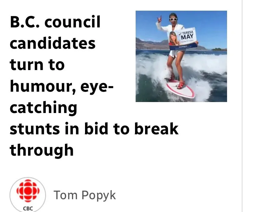 CBC News clipping: "B.C. council candidates turn to humour, eye-catching stunts in bid to break through"