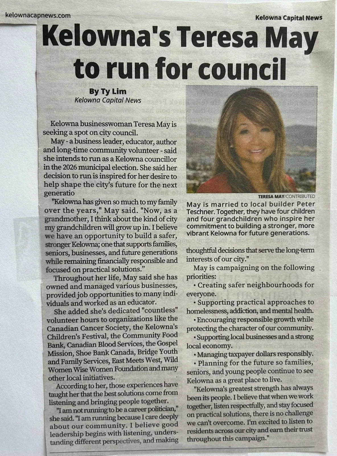 Kelowna Capital News clipping: "Kelowna's Teresa May to run for council"
