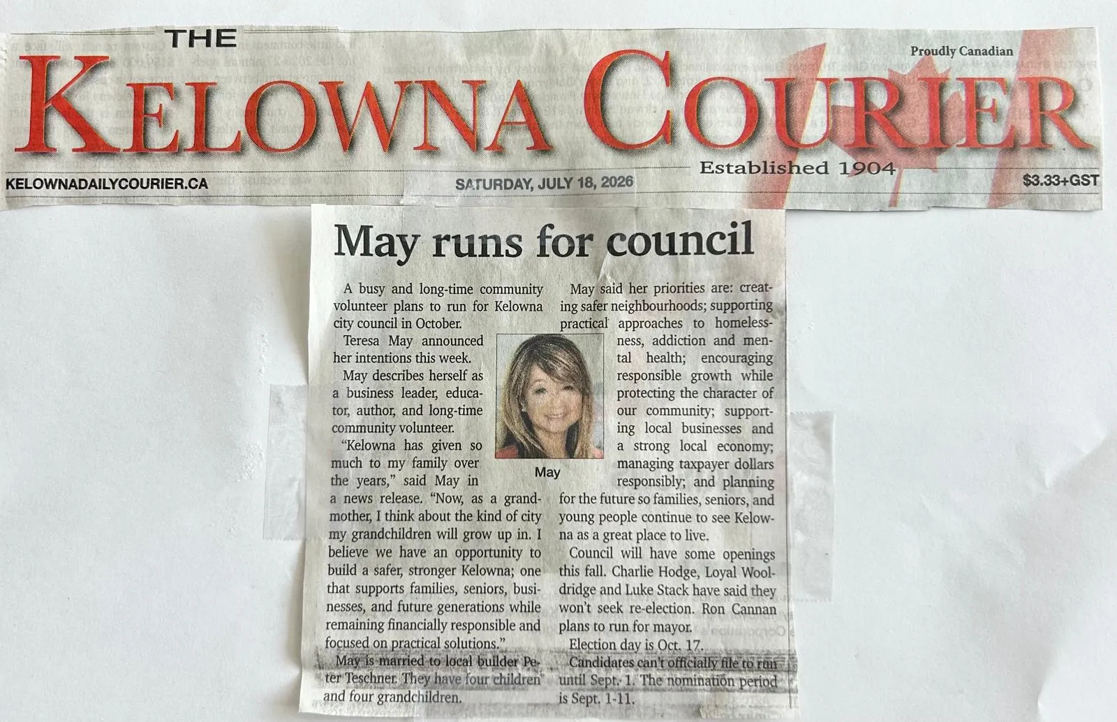 The Kelowna Daily Courier clipping: "May runs for council"